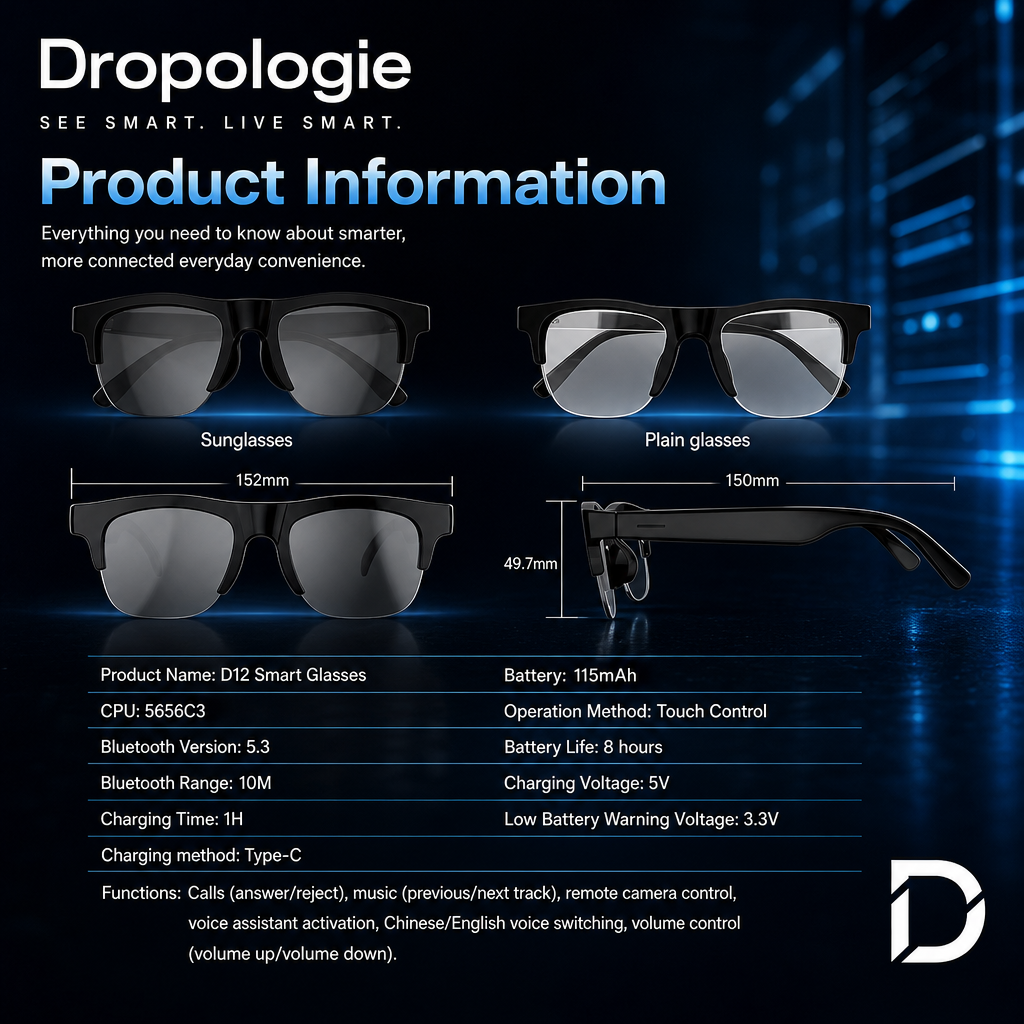 D12 AI Smart Glasses with 8K Camera, Bluetooth Audio, Voice Assistant & Translation