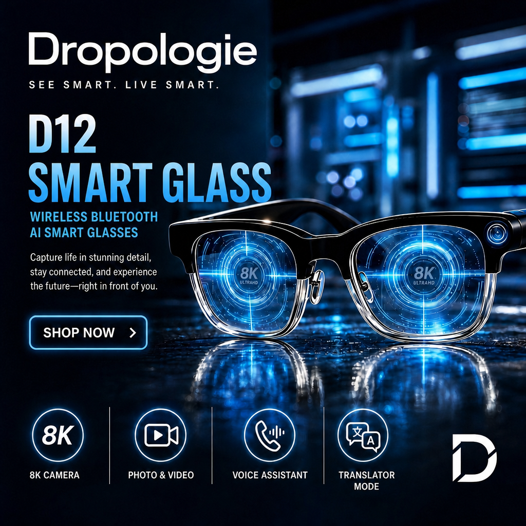 D12 AI Smart Glasses with 8K Camera, Bluetooth Audio, Voice Assistant & Translation