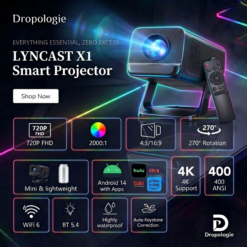 LYNCAST X1 Smart Projector – Android 14, Wi-Fi 6, 4K Support & Home Theater Entertainment