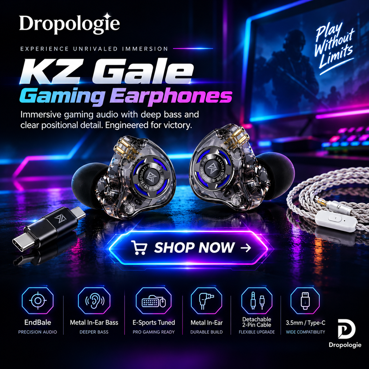 KZ Gale In-Ear Gaming Earphones E-sports Bass Metal Earbuds for Video Game Stage Live Sound Headphones