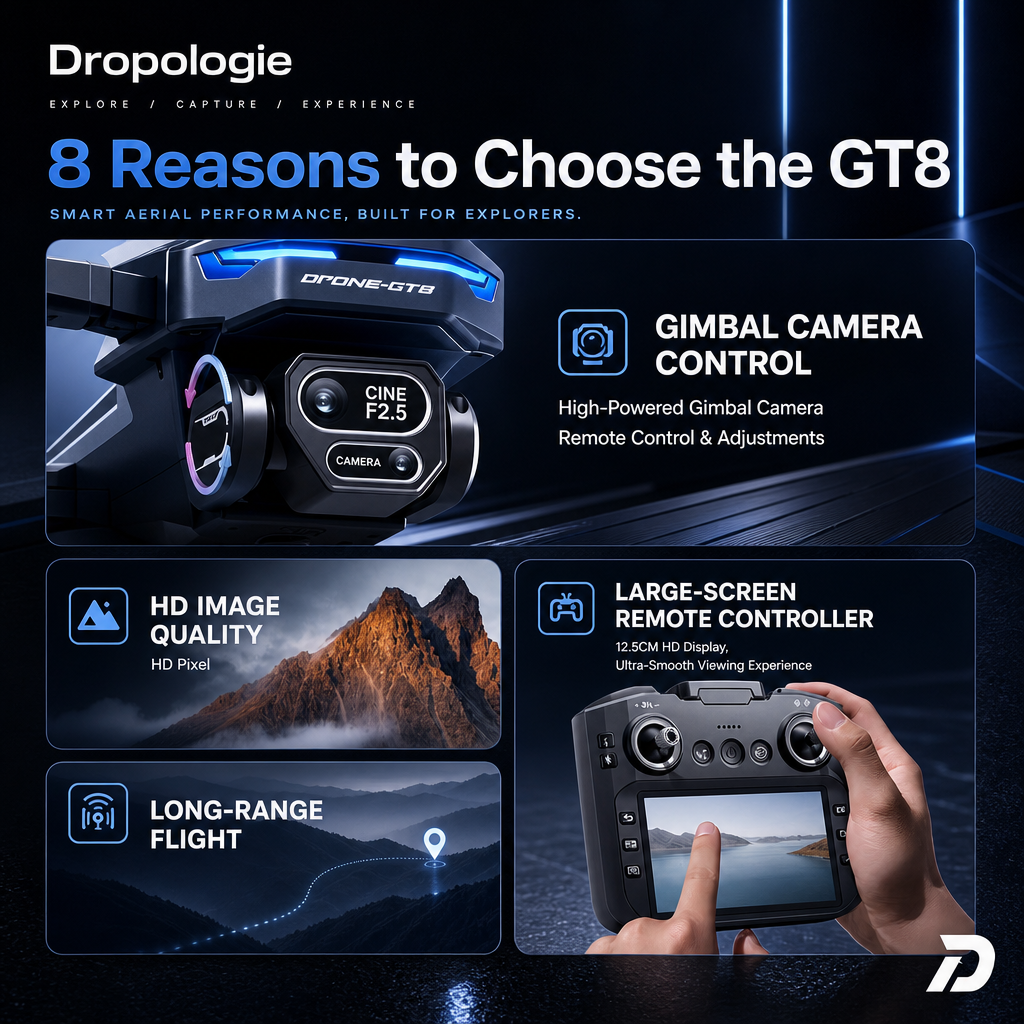 GT8 8K HD Drone with Dual Cameras, Brushless Motors & Remote Control Screen