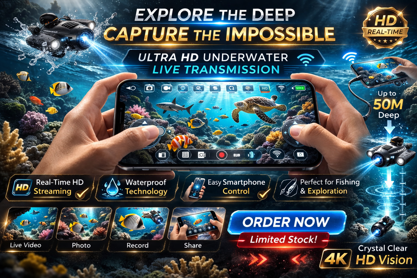 Mini Smart Water Drone – 50M HD Real-Time Underwater Camera