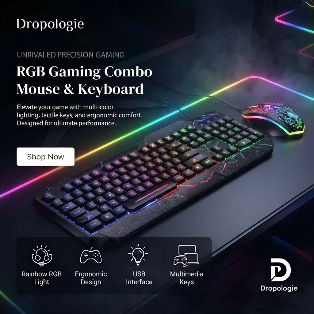 RGB Gaming Keyboard and Mouse Combo – Wired USB Gaming Set with Rainbow LED Backlighting, Ergonomic Design & Multimedia Keys for PC