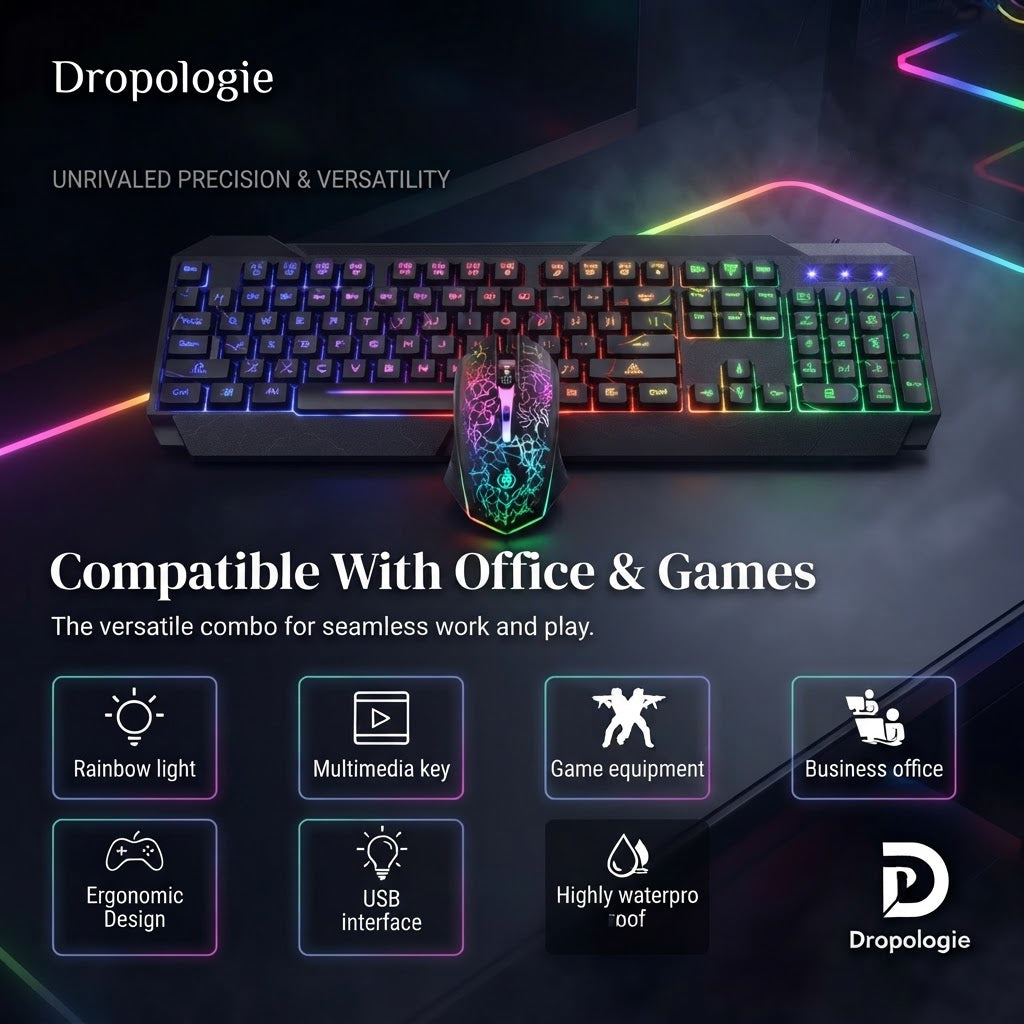 RGB Gaming Keyboard and Mouse Combo – Wired USB Gaming Set with Rainbow LED Backlighting, Ergonomic Design & Multimedia Keys for PC