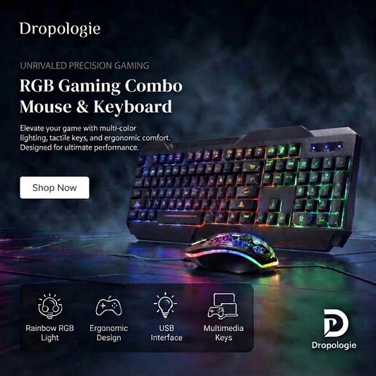 RGB Gaming Keyboard and Mouse Combo – Wired USB Gaming Set with Rainbow LED Backlighting, Ergonomic Design & Multimedia Keys for PC