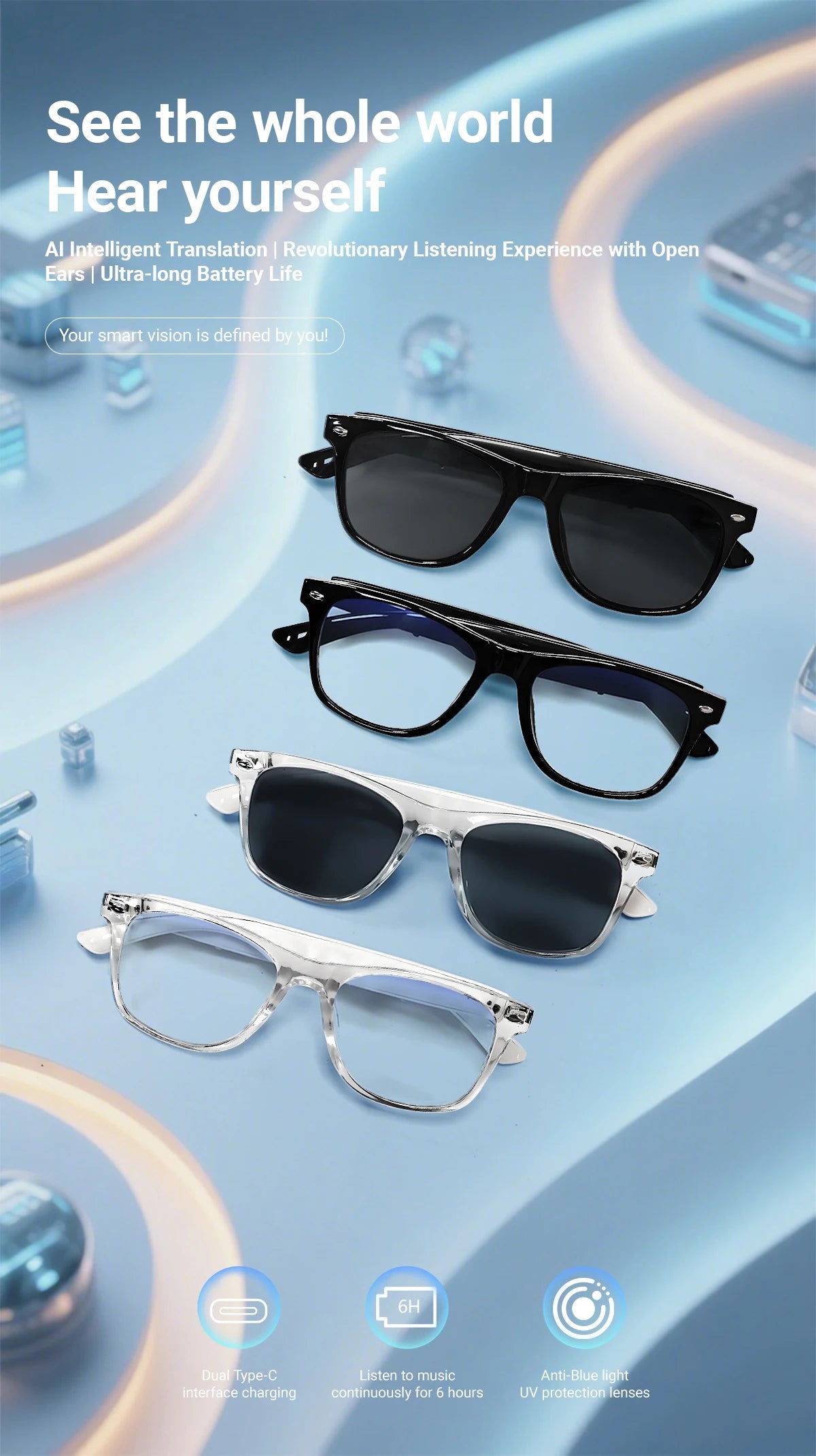 🧠 AI Smart Translation Glasses – Real-Time Language Assistance             +100 Languages