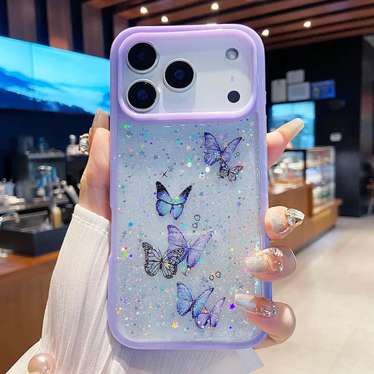 Bling Glitter Butterfly Phone Case for IPhone 17air 16 12 13 14 15 Pro Max Transparent Candy Color Epoxy Silicone Back Cover
