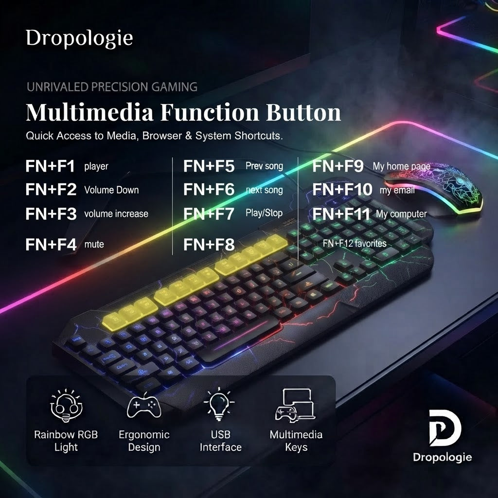 RGB Gaming Keyboard and Mouse Combo – Wired USB Gaming Set with Rainbow LED Backlighting, Ergonomic Design & Multimedia Keys for PC