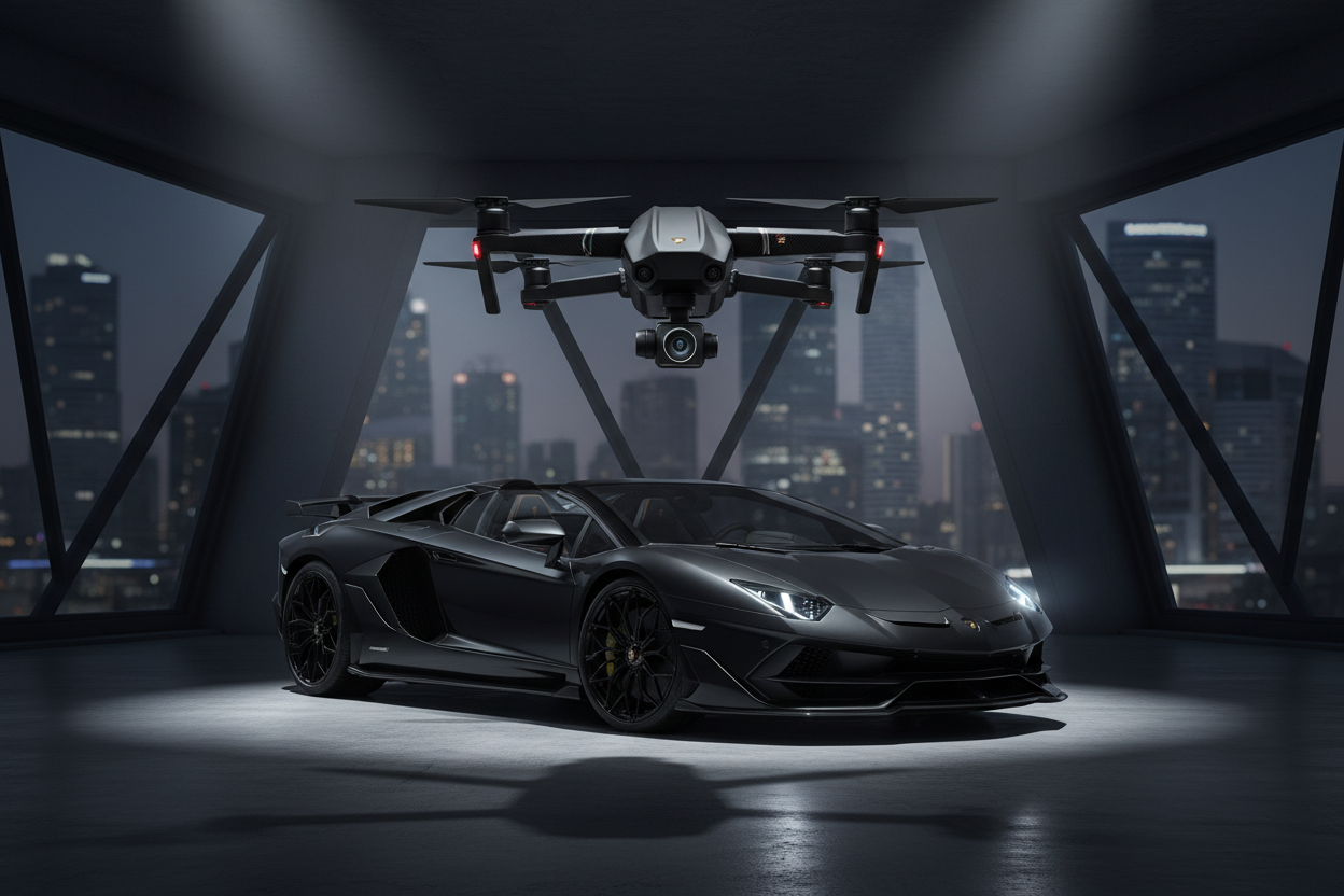 black drone with black lamborghini