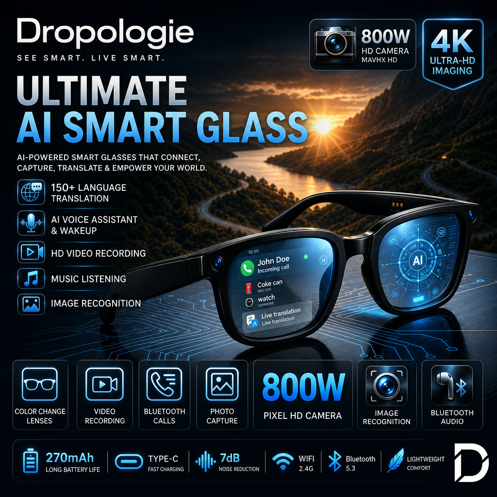 Ultimate AI Smart Glasses with Camera, Video Recording, Photo Recognition & Bluetooth Calling